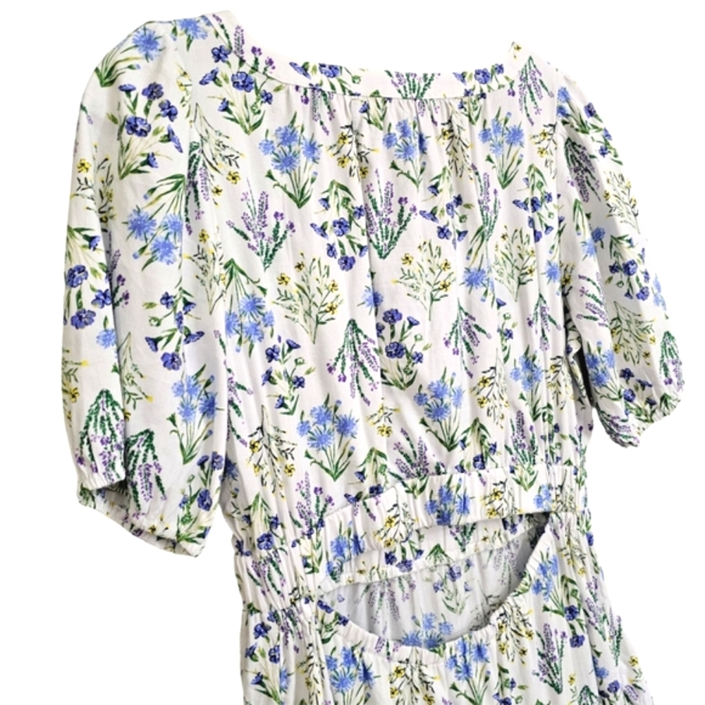 Nwot LOFT  White /Blue/Lavender Floral Puffed Sleeve Back Cutout Tier Midi Dress - Picture 11 of 16